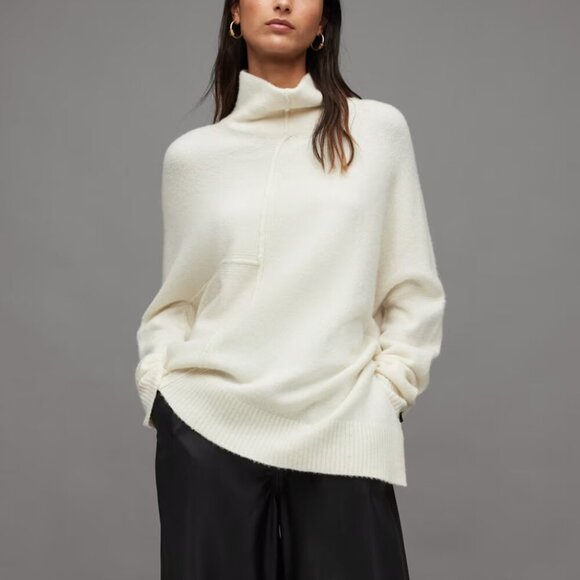 All Saints Lock Roll Neck Relaxed Fit Jumper Wool Yak Blend Soft Chalk White - Picture 1 of 14